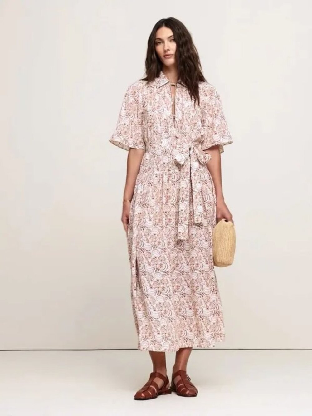 Banana Republic Silk Tie Front Maxi Shirt Dress Red Clay Shell Print S